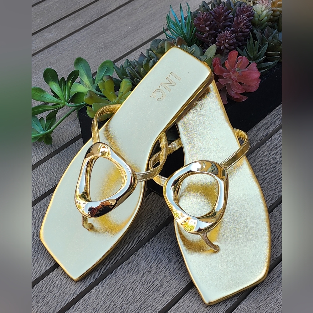 INC International Concepts Women's Yadira Open-Toe Flat Gold Sandals Size 7.5 - Picture 6 of 13